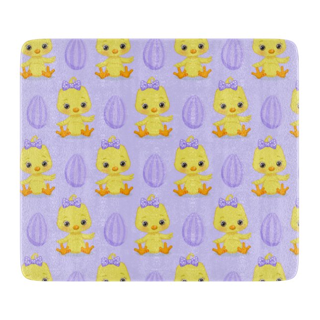 Cute Yellow Purple Chicken Easter Pattern Cutting Board (Front)