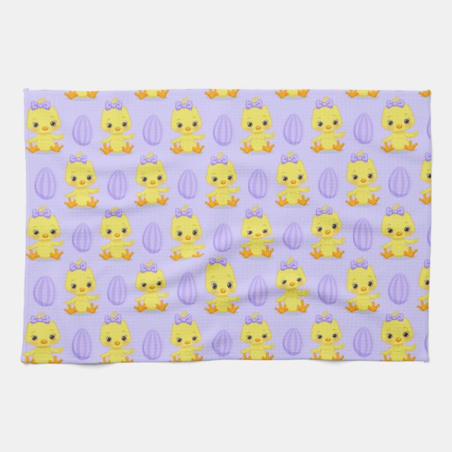 Cute Yellow Purple Chicken Easter Pattern Tea Towel (Horizontal)
