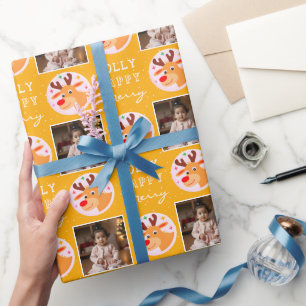 Cute Yellow Reindeer Family Photo Christmas Wrapping Paper