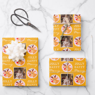 Cute Yellow Reindeer Family Photo Christmas Wrapping Paper Sheet