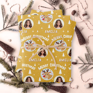 Cute Yellow Reindeer Kid`s Name Photo Christmas Wrapping Paper Sheet