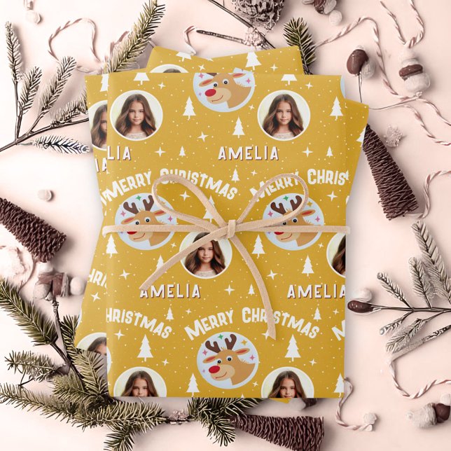 Cute Yellow Reindeer Kid`s Name Photo Christmas Wrapping Paper Sheet (Creator Uploaded)