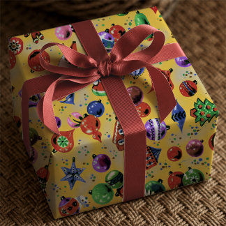 Cute Yellow Retro Christmas Ornaments Wrapping Paper
