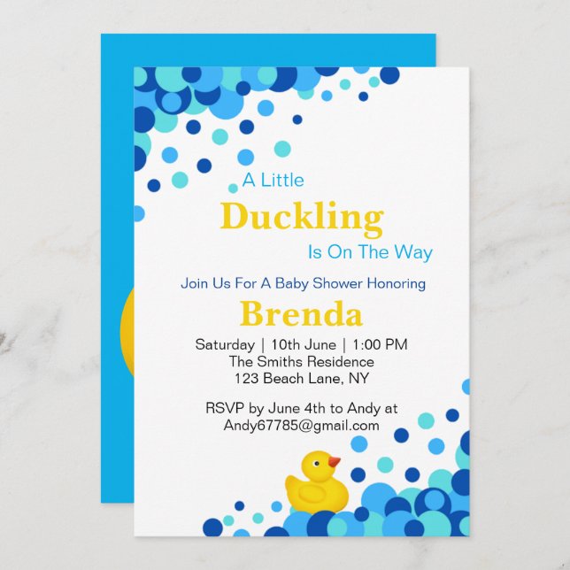 Cute Yellow Rubber Duckling | Blue Bubble Colours Invitation (Front/Back)