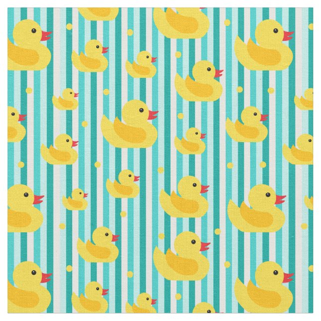 Cute Yellow Rubber Ducks Striped Bathtime Pattern Fabric (Close Up)