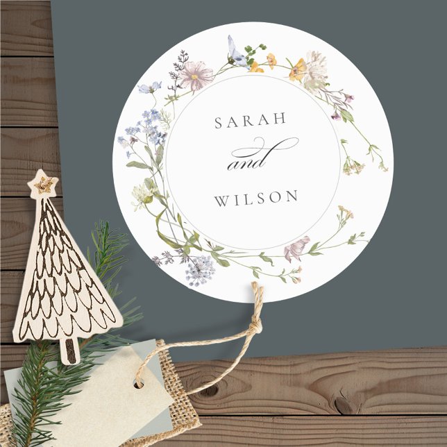 Cute Yellow Rustic Meadow Floral Wreath Wedding Classic Round Sticker (Creator Uploaded)