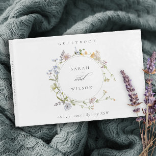 Cute Yellow Rustic Meadow Floral Wreath Wedding Guest Book
