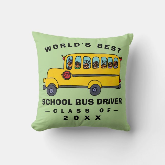 Cute Yellow School Bus Worlds Best Bus Driver Cushion (Front)
