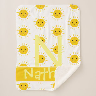 Cute Yellow Smiling Sun Monogram Name Baby Sherpa Blanket