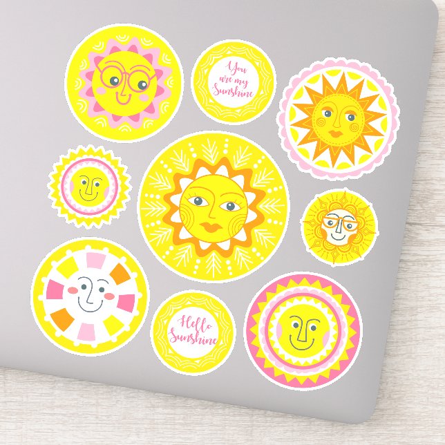 Cute Yellow Smiling Sunshine Vinyl Stickers (Detail)