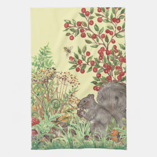 Cute Yellow Squirrel Woodland Scene Fall Harvest Tea Towel