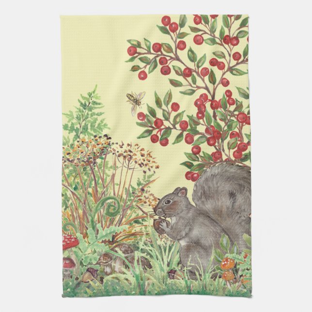 Cute Yellow Squirrel Woodland Scene Fall Harvest Tea Towel (Vertical)