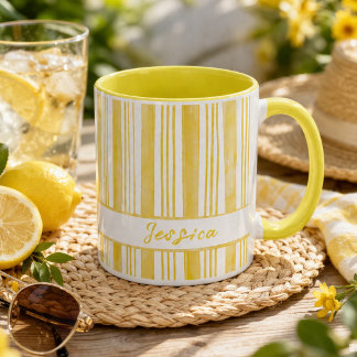 Cute Yellow Striped Custom Name Coffee Mug