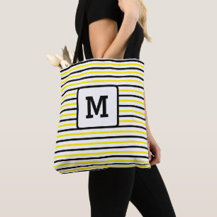 Cute Yellow Stripes Custom Single Initial Black Tote Bag
