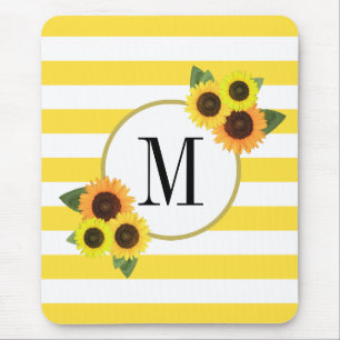 Cute Yellow Stripes Sunflowers Floral Monogram Mouse Pad