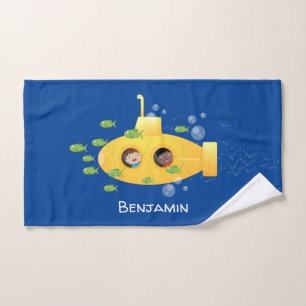 Cute yellow submarine fish cartoon illustration bath towel set