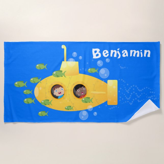 Cute yellow submarine fish cartoon illustration beach towel (Front)