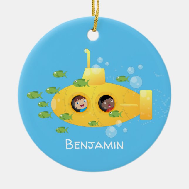 Cute yellow submarine fish cartoon illustration ceramic ornament (Front)