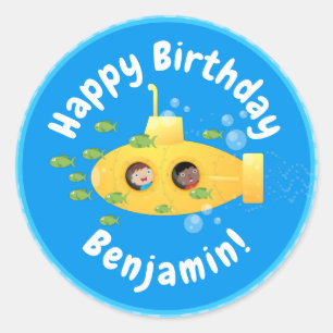 Cute yellow submarine fish cartoon illustration classic round sticker