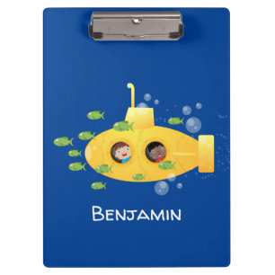 Cute yellow submarine fish cartoon illustration clipboard