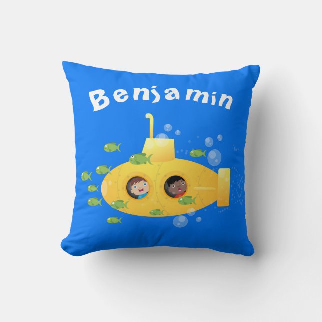 Cute yellow submarine fish cartoon illustration cushion (Front)