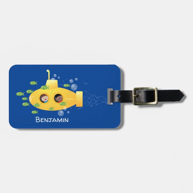 Cute yellow submarine fish cartoon illustration luggage tag (Front Horizontal)