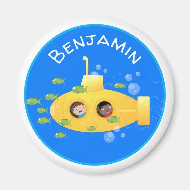 Cute yellow submarine fish cartoon illustration magnet (Front)