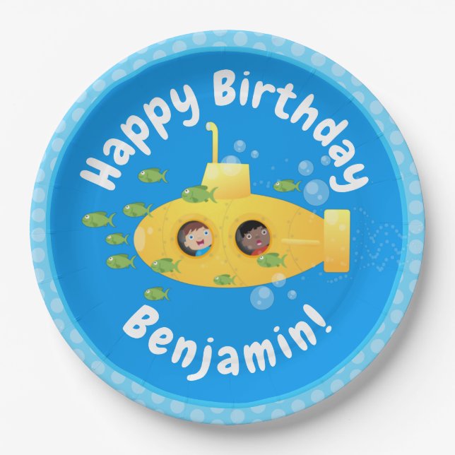 Cute yellow submarine fish cartoon illustration paper plate (Front)