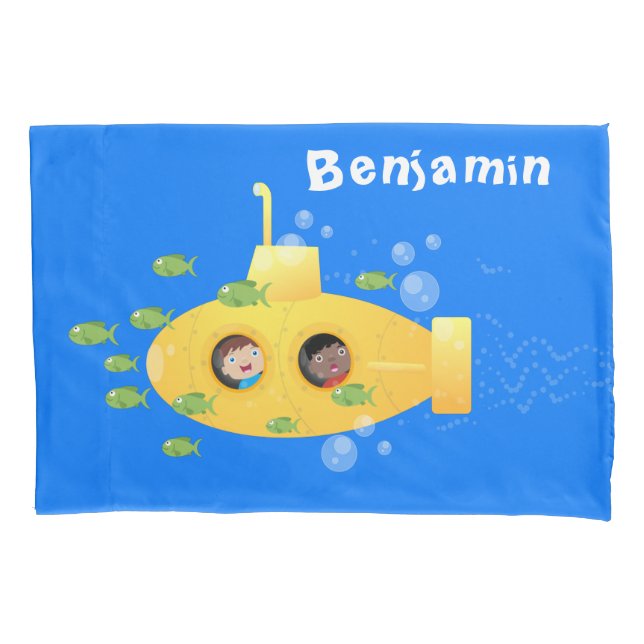 Cute yellow submarine fish cartoon illustration pillowcase (Front)