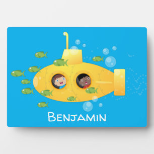Cute yellow submarine fish cartoon illustration plaque