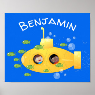 Cute yellow submarine fish cartoon illustration poster