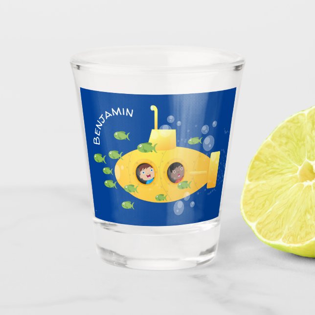 Cute yellow submarine fish cartoon illustration shot glass (Front)