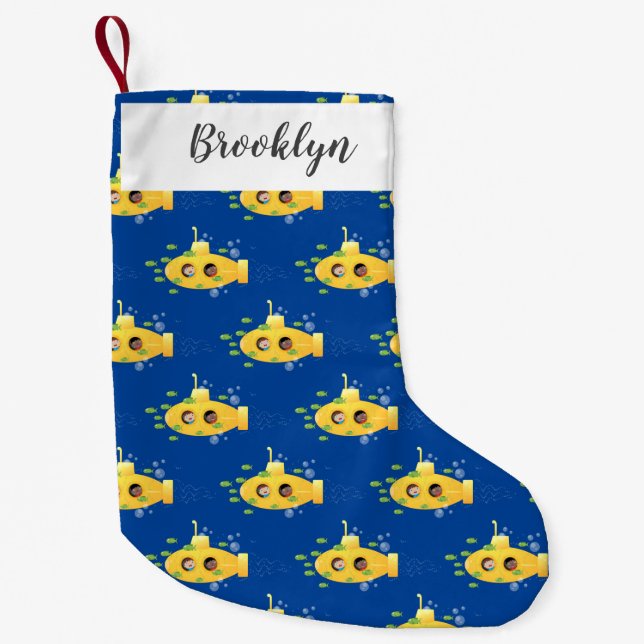 Cute yellow submarine fish cartoon illustration small christmas stocking (Front)