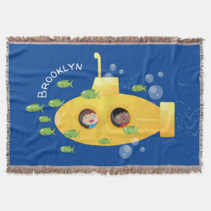 Cute yellow submarine fish cartoon illustration throw blanket