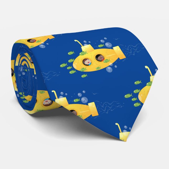 Cute yellow submarine fish cartoon illustration tie (Rolled)