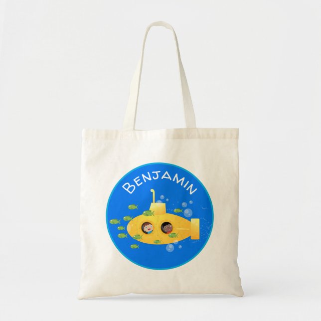 Cute yellow submarine fish cartoon illustration tote bag (Front)