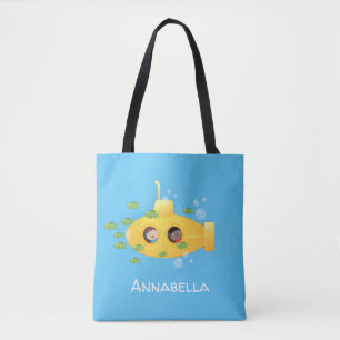 Cute yellow submarine fish cartoon illustration tote bag