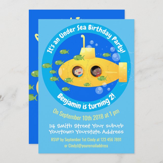 Cute yellow submarine fish cartoon invitation (Front/Back)