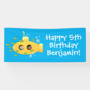 Cute yellow submarine fish cartoon personalised banner