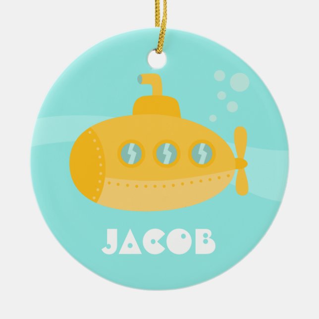 Cute Yellow Submarine, Underwater, For Boys Ceramic Tree Decoration (Front)