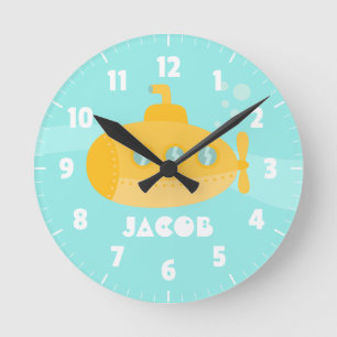 Cute Yellow Submarine, Underwater, For Kids Round Clock