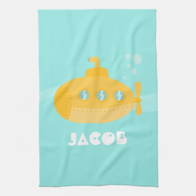 Cute Yellow Submarine, Underwater, For Kids Tea Towel (Vertical)
