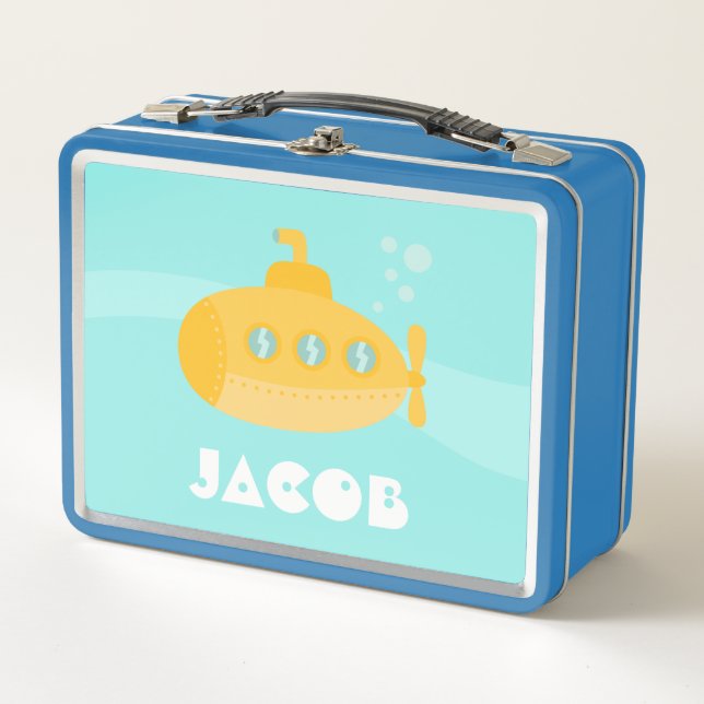 Cute Yellow Submarine Underwater Kids Personalised Metal Lunch Box (Front)