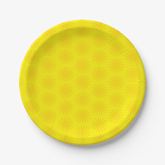 Cute yellow sun pattern happy fun bright modern paper plate (Front)