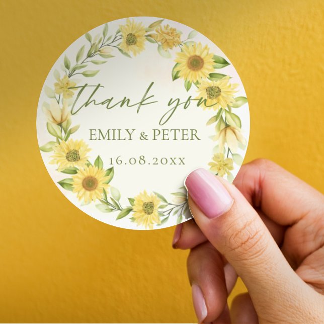 Cute Yellow Sunflower Floral Wedding Thank You Classic Round Sticker (Cute Yellow Sunflower Floral Wedding Thank You Classic Round Sticker)