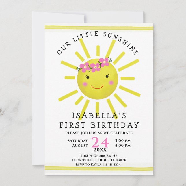 Cute Yellow Sunshine 1st Birthday Party Invitation (Front)