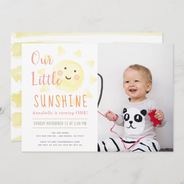 Cute Yellow Sunshine Girl 1st Photo Birthday Party Invitation (Front/Back)