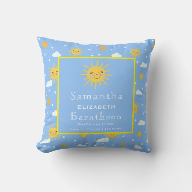 Cute Yellow Sunshine Personalised Baby Birth Stat Cushion (Front)