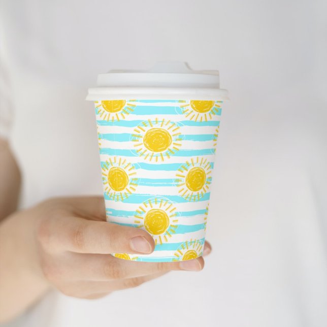 Cute Yellow Sunshine Summer Stripes Blue & White Paper Cups (Creator Uploaded)