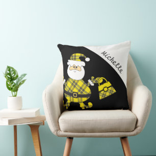 Cute Yellow Tartan Santa With Purse Cushion